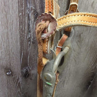 Thick Headstall, Curb Bit, Split Reins, Leather Ties & Conchos *fair, older, split, cut, unstitched, scrapes, dry, older, stains
