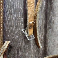 Thick Headstall, Curb Bit, Split Reins, Leather Ties & Conchos *fair, older, split, cut, unstitched, scrapes, dry, older, stains
