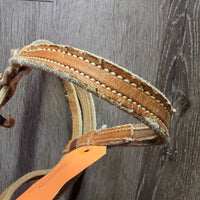 Thick Headstall, Curb Bit, Split Reins, Leather Ties & Conchos *fair, older, split, cut, unstitched, scrapes, dry, older, stains
