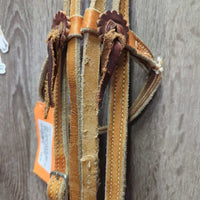 Thick Headstall, Curb Bit, Split Reins, Leather Ties & Conchos *fair, older, split, cut, unstitched, scrapes, dry, older, stains

