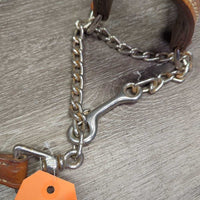 Vintage Double Stitch Leather Steer Show Halter, Chain & Leather Lead Shank *vgc, dry, dirt, stains, scrapes, bent, rust
