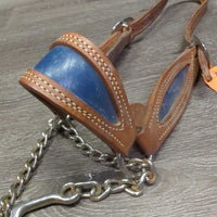 Vintage Double Stitch Leather Steer Show Halter, Chain & Leather Lead Shank *vgc, dry, dirt, stains, scrapes, bent, rust
