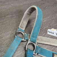 Padded Nylon Halter, adj, snap *gc/fair, clean, faded, mnr dirt, stained, dingy, mnr hair, rubbed, scuffs, frays, snags, pills, rust
