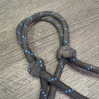 Thick Nylon Rope Halter, attached lead rope *gc, mnr dirt, rubs, frays, hair, undone & taped ends
