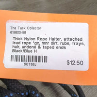 Thick Nylon Rope Halter, attached lead rope *gc, mnr dirt, rubs, frays, hair, undone & taped ends
