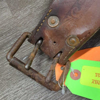 VINTAGE 2 Leather Western Fenders, stamped *SPLIT leather, fair, dirt, dry, stiff, rust, rubs, scrapes, curls, older

