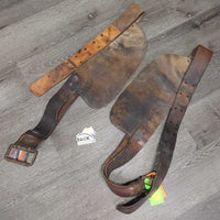 VINTAGE 2 Leather Western Fenders, stamped *SPLIT leather, fair, dirt, dry, stiff, rust, rubs, scrapes, curls, older
