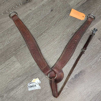 2" Stamped Leather Breastcollar, conway buckle, snap *N0 straps, gc, rubs, scrapes, dry, stiff, creases, rust
