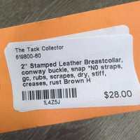 2" Stamped Leather Breastcollar, conway buckle, snap *N0 straps, gc, rubs, scrapes, dry, stiff, creases, rust
