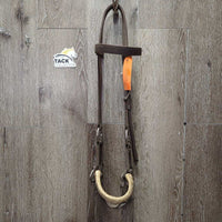 Rawhide Noseband - Thick Nylon Web Bitless Headstall - Side Pull *N0 throatlatch, gc, dry, dirt, stiff, rough rawhide, stains
