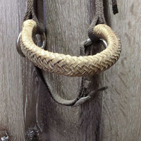 Rawhide Noseband - Thick Nylon Web Bitless Headstall - Side Pull *N0 throatlatch, gc, dry, dirt, stiff, rough rawhide, stains
