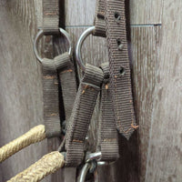Rawhide Noseband - Thick Nylon Web Bitless Headstall - Side Pull *N0 throatlatch, gc, dry, dirt, stiff, rough rawhide, stains
