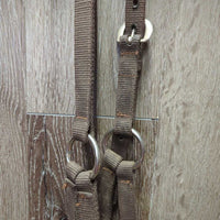 Rawhide Noseband - Thick Nylon Web Bitless Headstall - Side Pull *N0 throatlatch, gc, dry, dirt, stiff, rough rawhide, stains
