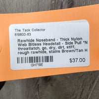 Rawhide Noseband - Thick Nylon Web Bitless Headstall - Side Pull *N0 throatlatch, gc, dry, dirt, stiff, rough rawhide, stains
