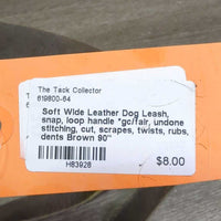 Soft Wide Leather Dog Leash, snap, loop handle *gc/fair, undone stitching, cut, scrapes, twists, rubs, dents
