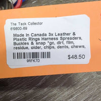 3x Leather & Plastic Rings Harness Spreaders, Buckles & snap *gc, dirt, film, residue, older, chips, dents, chews, scrapes

