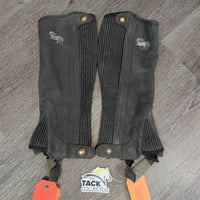 Microsuede Synthetic Half Chaps, zips *gc/fair, stretched elastic, faded, dirty, unstitched seam, older
