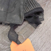 Microsuede Synthetic Half Chaps, zips *gc/fair, stretched elastic, faded, dirty, unstitched seam, older
