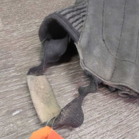 Microsuede Synthetic Half Chaps, zips *gc/fair, stretched elastic, faded, dirty, unstitched seam, older
