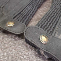Microsuede Synthetic Half Chaps, zips *gc/fair, stretched elastic, faded, dirty, unstitched seam, older
