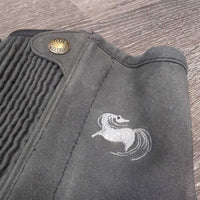 Microsuede Synthetic Half Chaps, zips *gc/fair, stretched elastic, faded, dirty, unstitched seam, older
