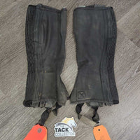Microsuede Synthetic Half Chaps, zips *gc/fair, stretched elastic, faded, dirty, unstitched seam, older
