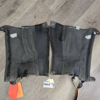 Microsuede Synthetic Half Chaps, zips *gc/fair, stretched elastic, faded, dirty, unstitched seam, older
