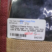 4 Fleece Polos, Satin Trim, bag, tags *xc, clean, mnr linty, rubs & hair
