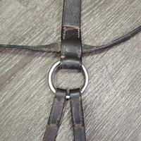 German Martingale, lthr reins, snaps *gc, older, replaced snap, stretch, torn, dry, stiff, film, creased, xholes, scrapes
