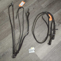 German Martingale, lthr reins, snaps *gc, older, replaced snap, stretch, torn, dry, stiff, film, creased, xholes, scrapes
