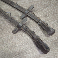 German Martingale, lthr reins, snaps *gc, older, replaced snap, stretch, torn, dry, stiff, film, creased, xholes, scrapes

