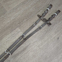 German Martingale, lthr reins, snaps *gc, older, replaced snap, stretch, torn, dry, stiff, film, creased, xholes, scrapes
