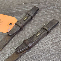 v.Narrow Thin Curb Reins *fair, older, cracks, scrapes, gouges, curled, residue, dry, stiff, stains, twist, mnr dirt
