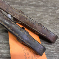 v.Narrow Thin Curb Reins *fair, older, cracks, scrapes, gouges, curled, residue, dry, stiff, stains, twist, mnr dirt
