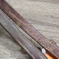 v.Narrow Thin Curb Reins *fair, older, cracks, scrapes, gouges, curled, residue, dry, stiff, stains, twist, mnr dirt
