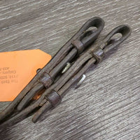 v.Narrow Thin Curb Reins *fair, older, cracks, scrapes, gouges, curled, residue, dry, stiff, stains, twist, mnr dirt
