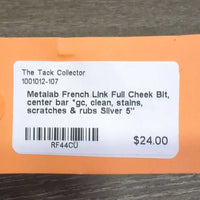 French Link Full Cheek Bit, center bar *gc, clean, stains, scratches & rubs
