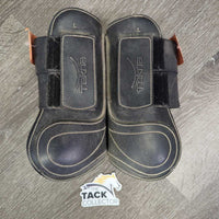 Pr Faux Leather Open Front Boots,velcro *gc/fair, filthy, dirt jockies, dirt, residue, hair, snags, scuffs
