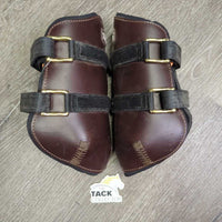 Pr Leather Hind Pinch Boots, wrap around velcro *vgc, clean, residue/mnr dirt, hair, scuffed, rubs
