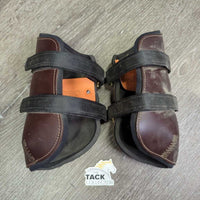 Pr Leather Hind Pinch Boots, wrap around velcro *vgc, clean, residue/mnr dirt, hair, scuffed, rubs

