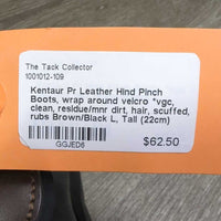 Pr Leather Hind Pinch Boots, wrap around velcro *vgc, clean, residue/mnr dirt, hair, scuffed, rubs
