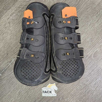 Pr Open Front Boots, posts *gc/fair, dirty, residue, scuffed, hair, faded, stains
