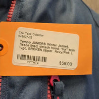 JUNIORS Winter Jacket, fleece lined, detach hood, "fur" trim *vgc, BROKEN zipper
