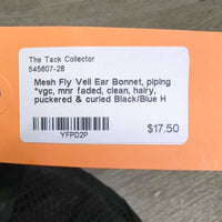 Mesh Fly Veil Ear Bonnet, piping *vgc, mnr faded, clean, hairy, puckered & curled
