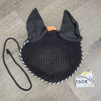Crochet Fly Veil Ear Bonnet, piping, string *gc, clean, shrunk, older, v.curled
