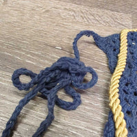 Crochet Fly Veil Ear Bonnet, piping, string *gc, faded, v.curled edges, clean, discolored, older

