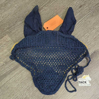 Crochet Fly Veil Ear Bonnet, piping, string *gc, faded, v.curled edges, clean, discolored, older
