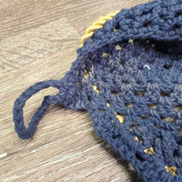 Crochet Fly Veil Ear Bonnet, piping, string *gc, faded, v.curled edges, clean, discolored, older
