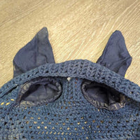 Crochet Fly Veil Ear Bonnet, piping, string *gc, faded, v.curled edges, clean, discolored, older
