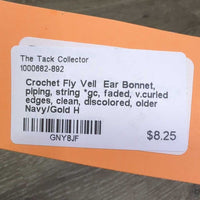 Crochet Fly Veil Ear Bonnet, piping, string *gc, faded, v.curled edges, clean, discolored, older
